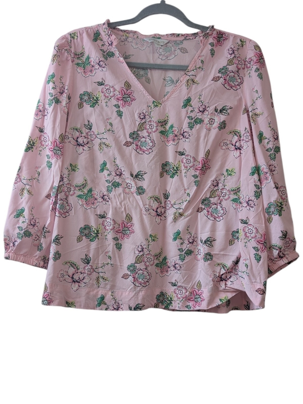 CROWN & IVY WOMEN'S LIGHT PINK FLORAL V-NECK 3/4 SLEEVE BLOUSE SIZE XL